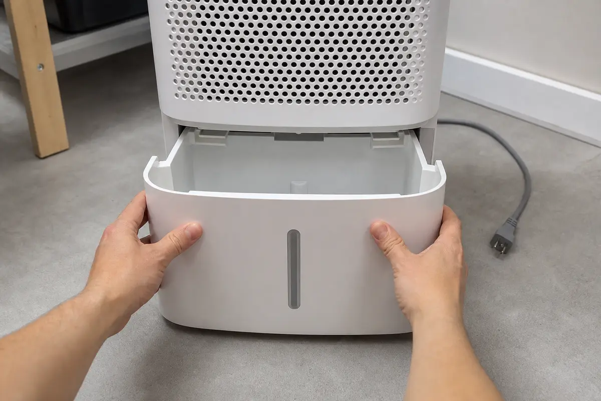 Empty Midea-style dehumidifier bucket aligned squarely with both cabinet rails