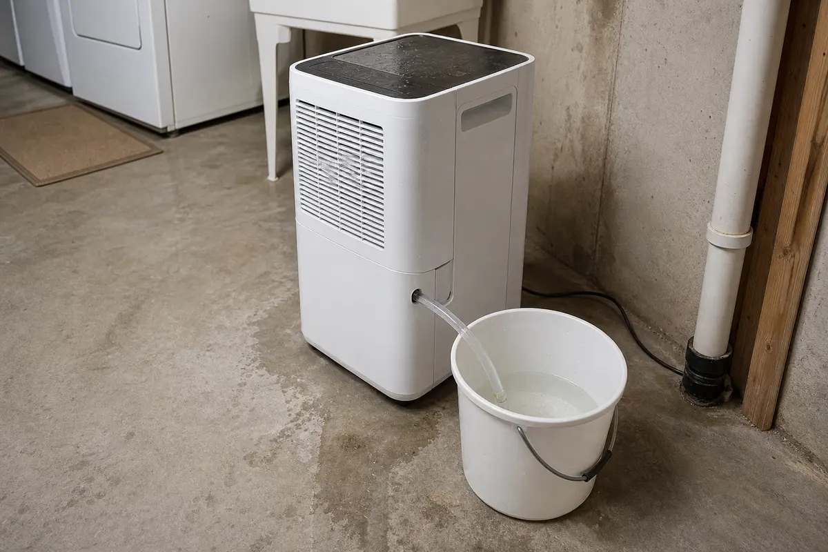 Portable dehumidifier draining through a short clear hose into a bucket for a pump test