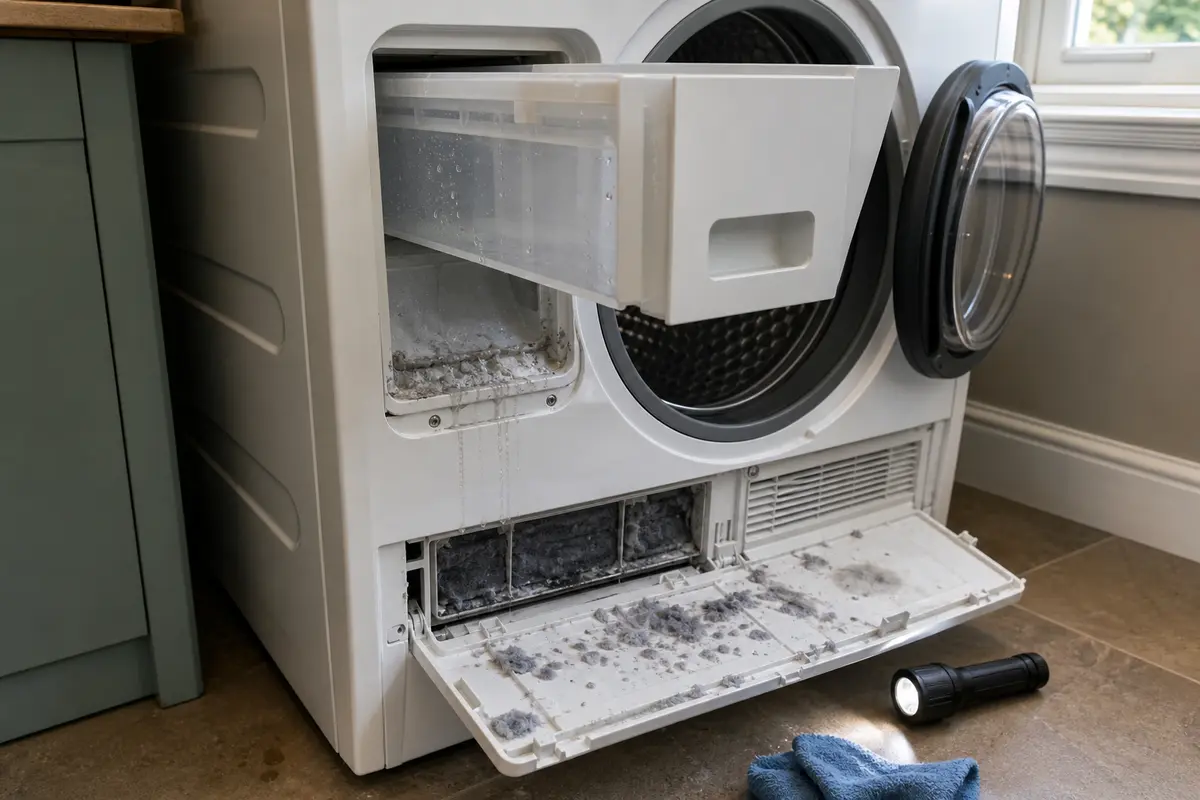Miele dryer water container drawer and lower filter area open with wet lint buildup