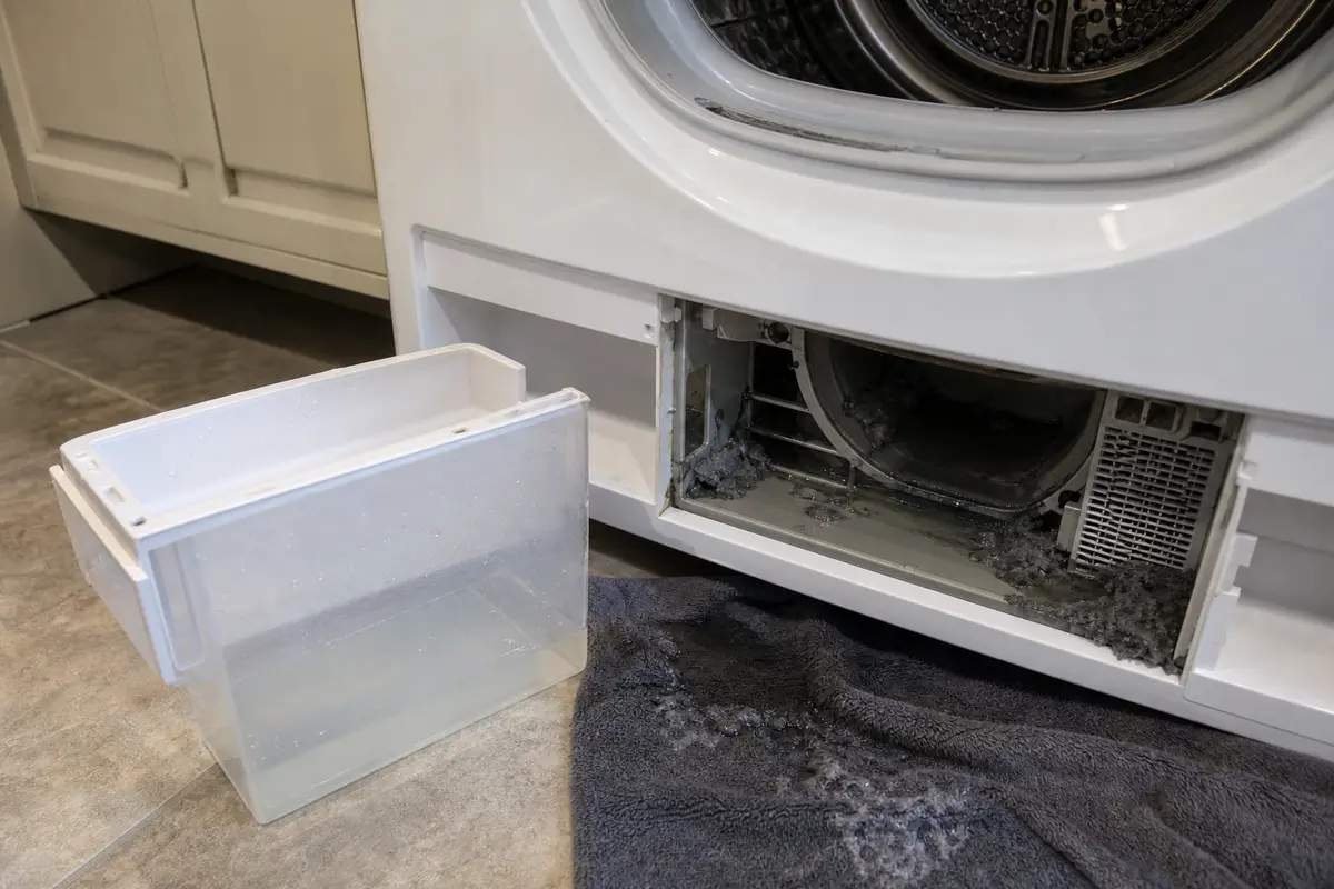 Miele dryer water container nearly empty while water and lint sit in the lower filter path