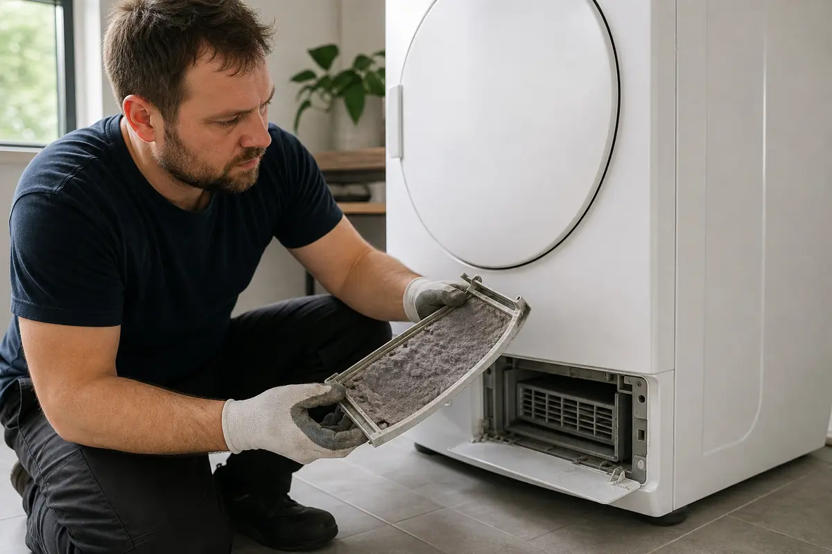 Gloved homeowner inspecting lint buildup and a bowed lower filter from an unbranded heat-pump dryer