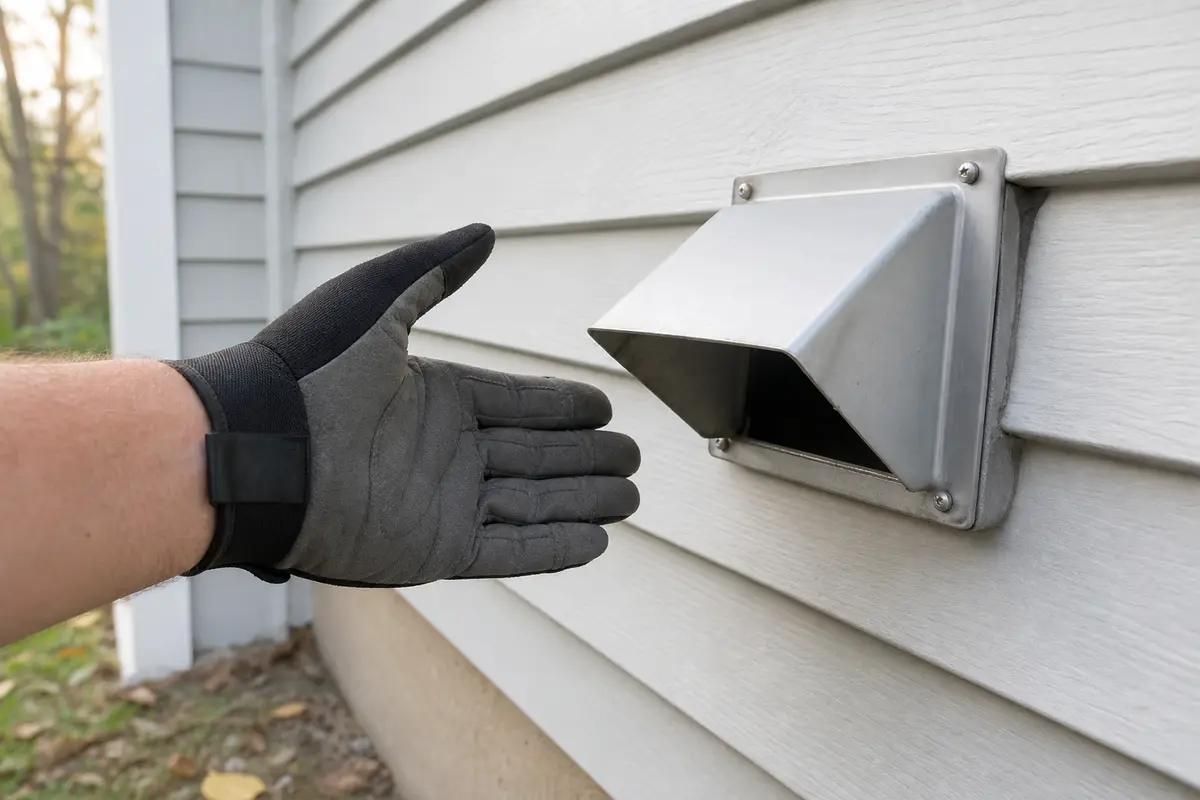 Gloved hand checking airflow several inches in front of an open outdoor dryer vent hood