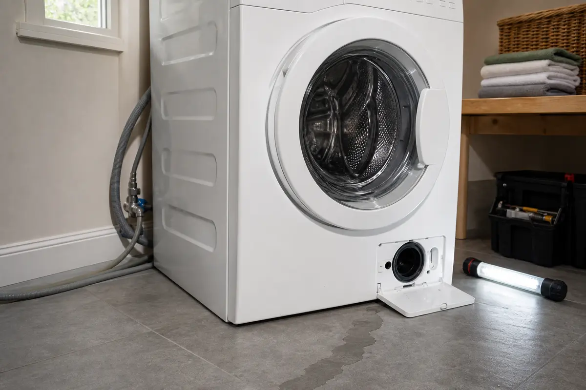 Miele-style front-load washer with lower pump access open and a small water trail on the laundry floor