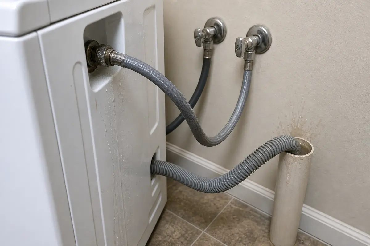 Washer inlet hoses and drain hose at the standpipe with visible moisture tracks behind the machine