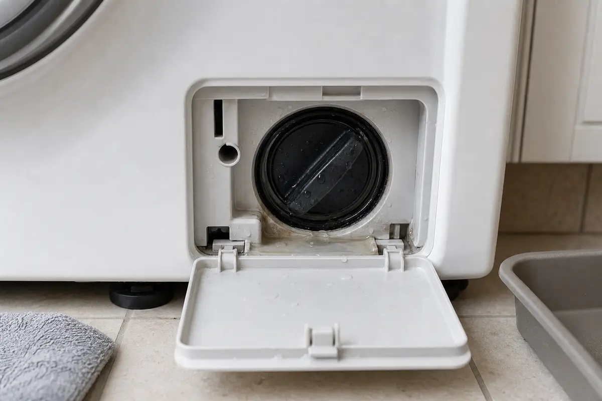 Washer pump filter cap area with water beads and residue around the lower front access opening