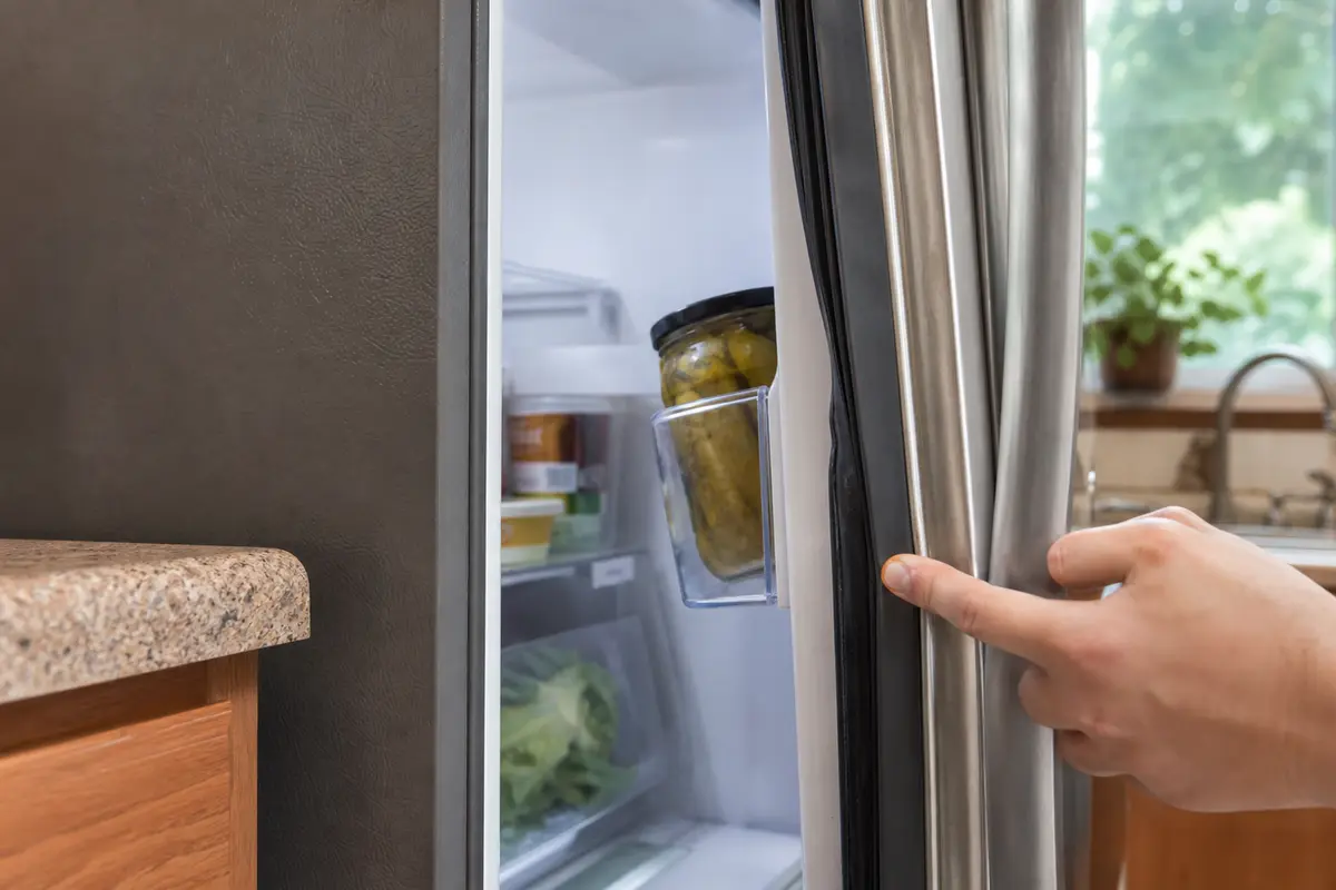 Refrigerator door gasket path checked for a door bin and food package holding the door open