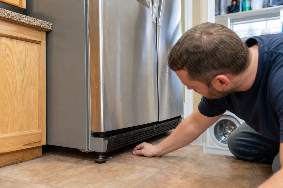Refrigerator front leveling foot and door gap checked with a small level near the floor