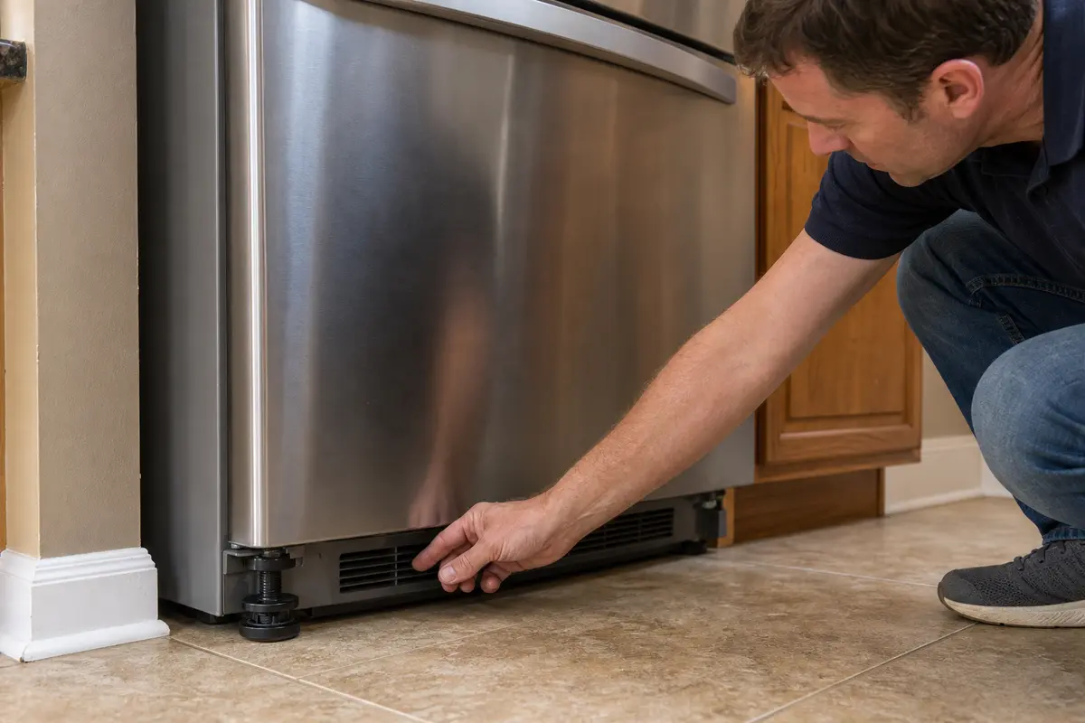 Refrigerator front leveling foot checked near the floor to reduce cabinet vibration noise