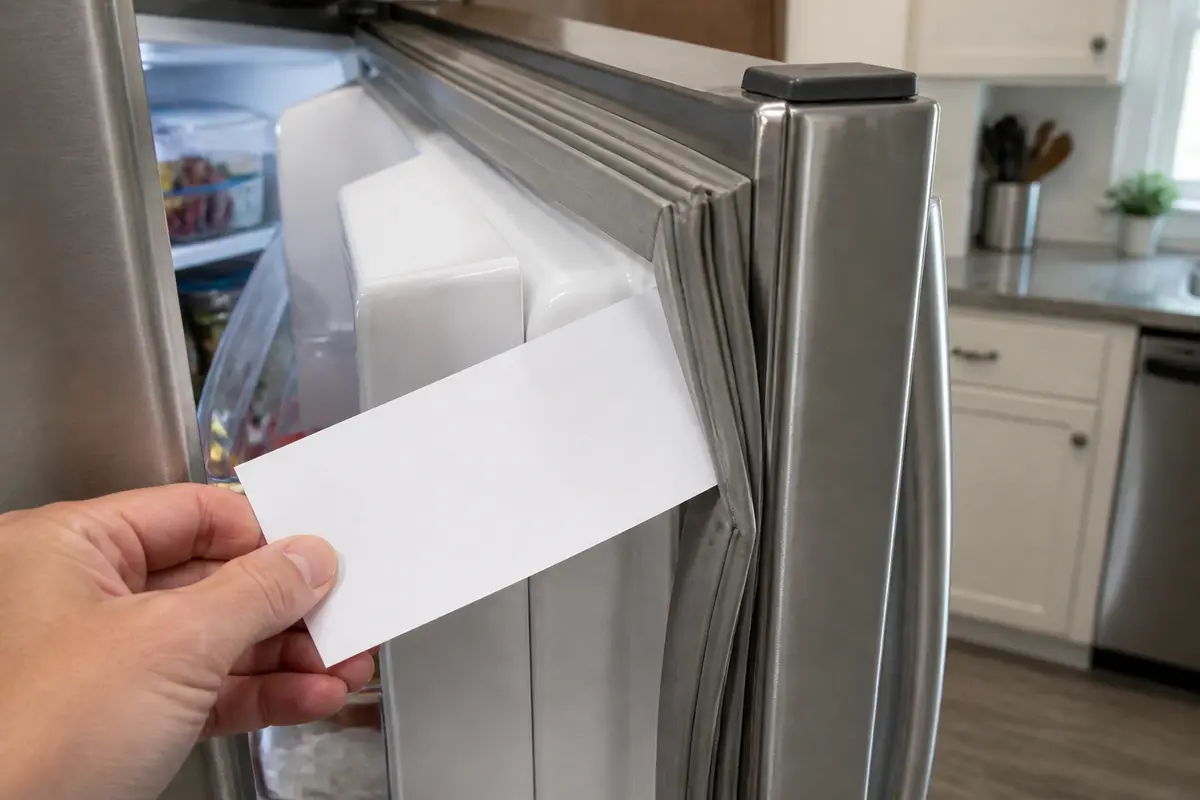 Paper strip held in a refrigerator door gasket to test whether the seal grabs evenly