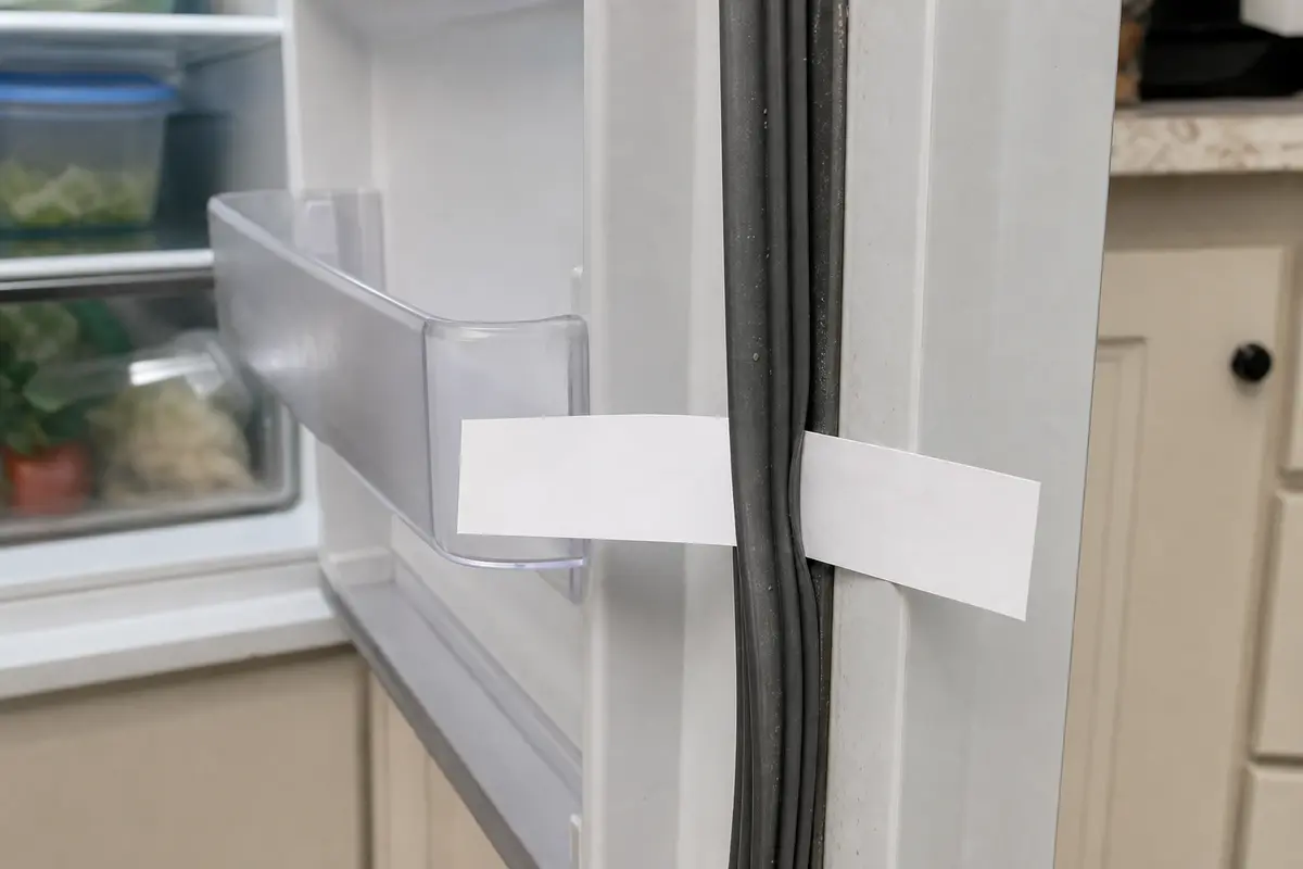 Paper test on a refrigerator door gasket while diagnosing constant running