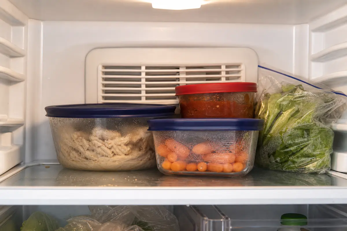 Food containers packed against a refrigerator interior vent that can restrict airflow