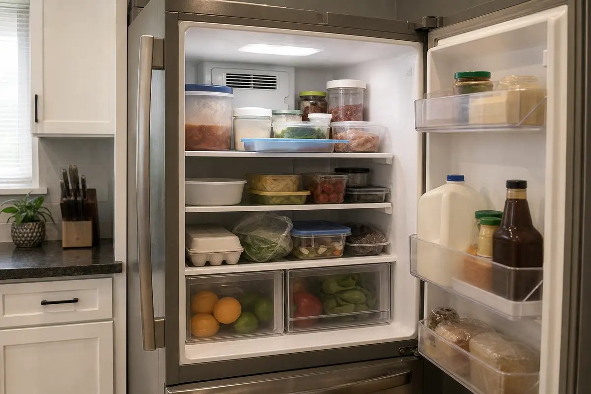 Refrigerator air vent partly blocked by food containers