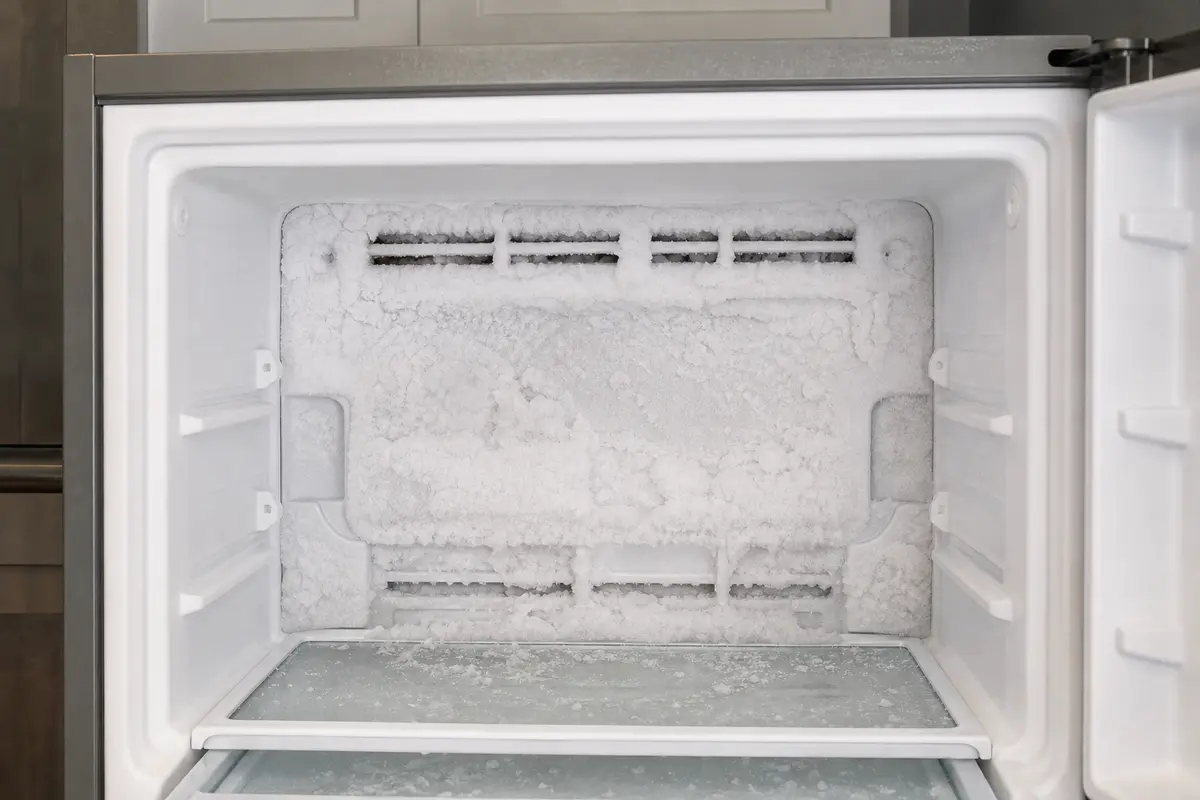 Heavy frost buildup on the back panel of a freezer