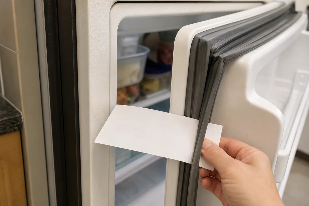 Paper strip checking a refrigerator door gasket seal