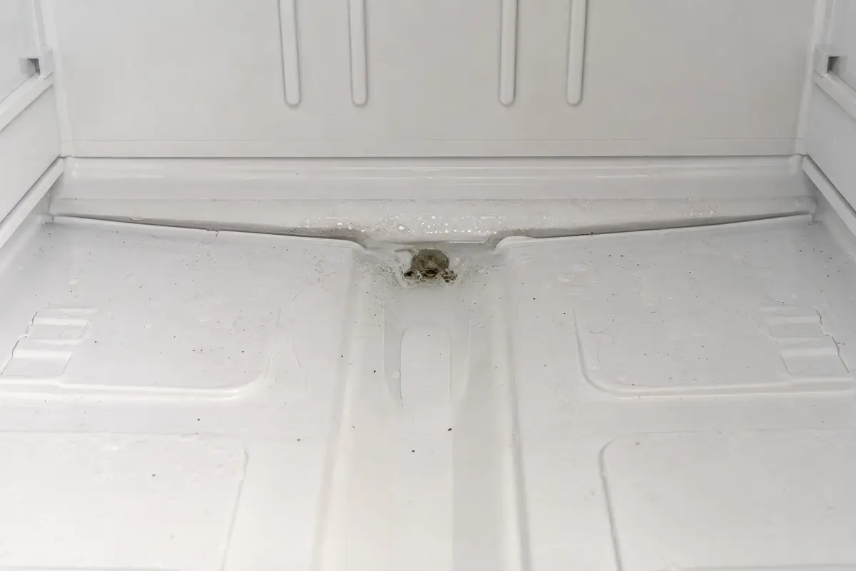 Close view of an accessible refrigerator drain port obstructed by ice and small debris