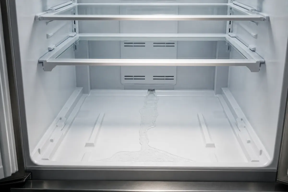 Refrigerator crisper area with drawers removed and a narrow water and ice trail running forward from the rear center