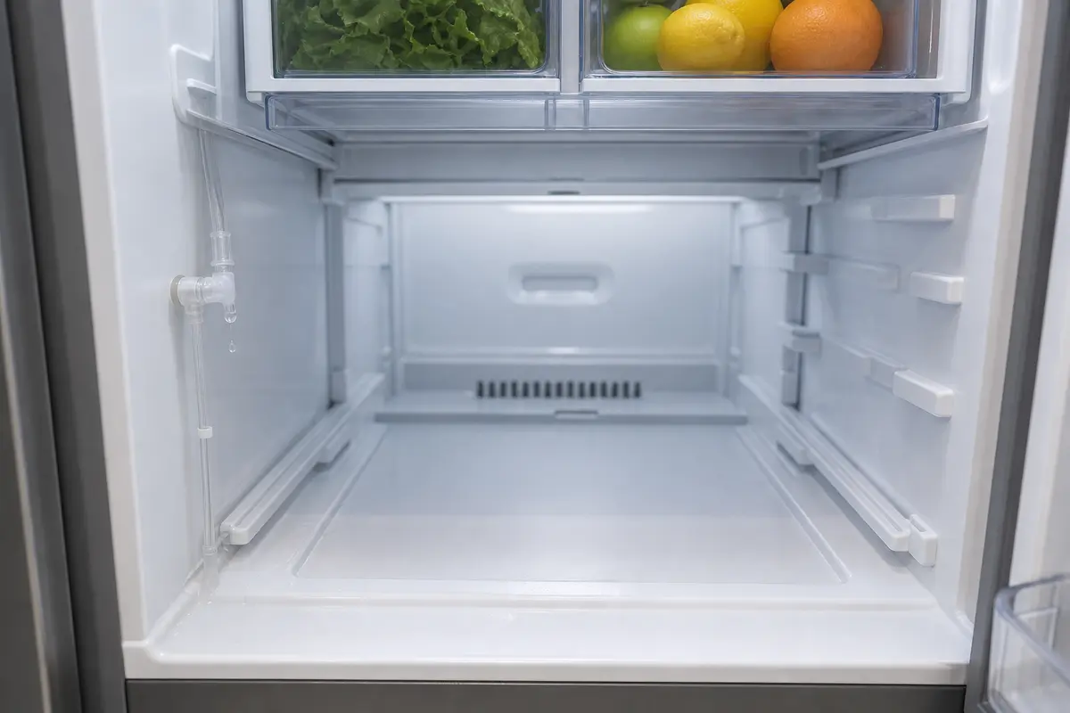 Refrigerator side-wall water tube coupling dripping above the crisper floor while the rear center stays dry