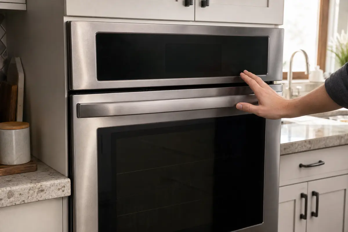 Samsung style oven with a dark unresponsive control panel in a kitchen