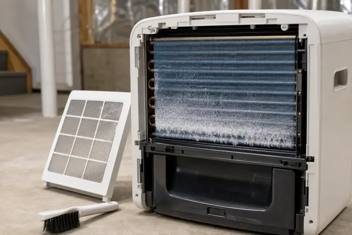 Frozen dehumidifier evaporator coil after the unit was run in poor airflow conditions