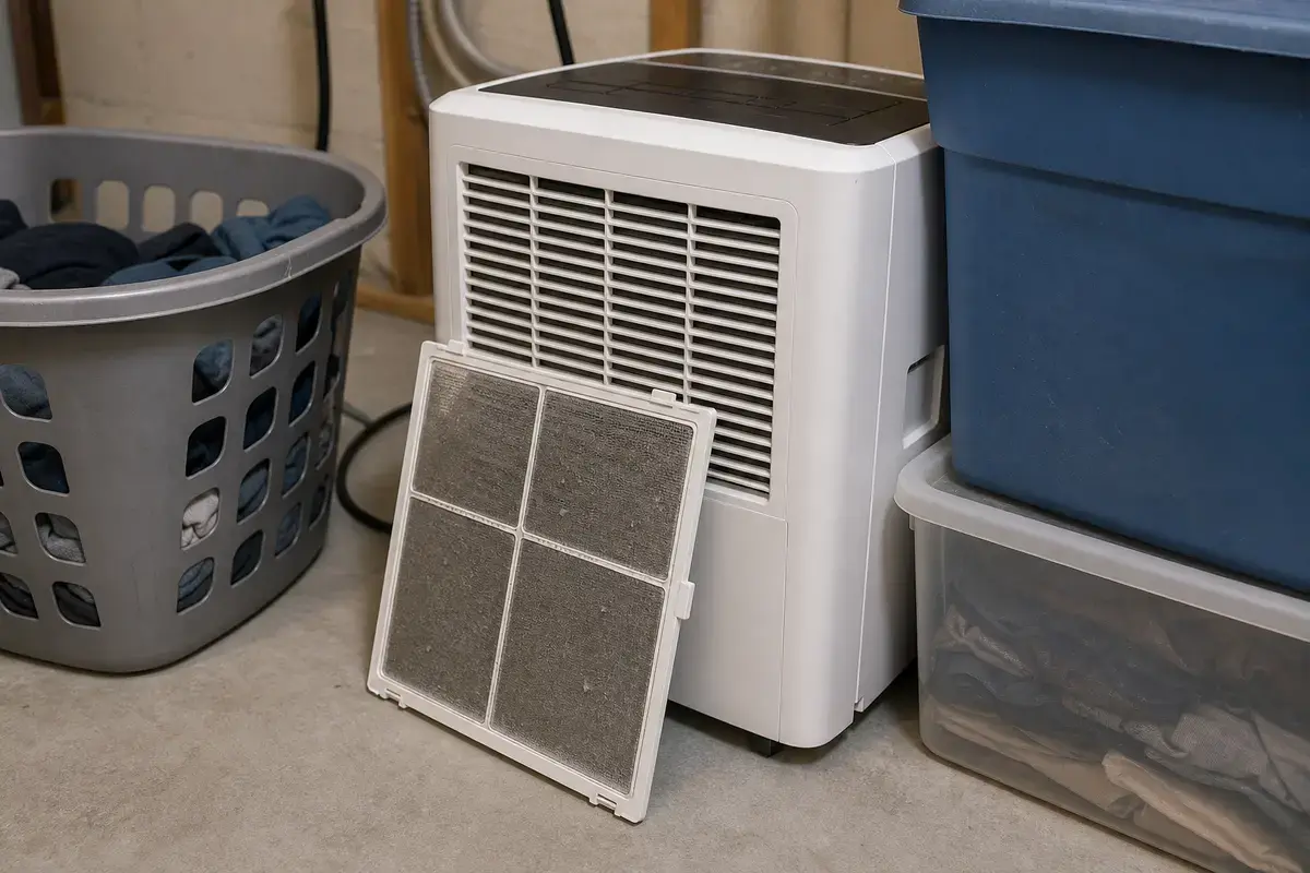 Dusty dehumidifier intake and blocked airflow that can reduce water collection