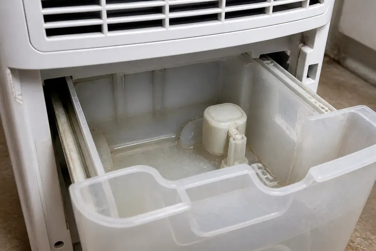 Dehumidifier bucket partially removed to show bucket rails and float area for inspection
