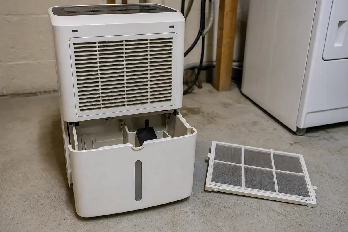 Portable dehumidifier with bucket and hose area visible for drain path troubleshooting