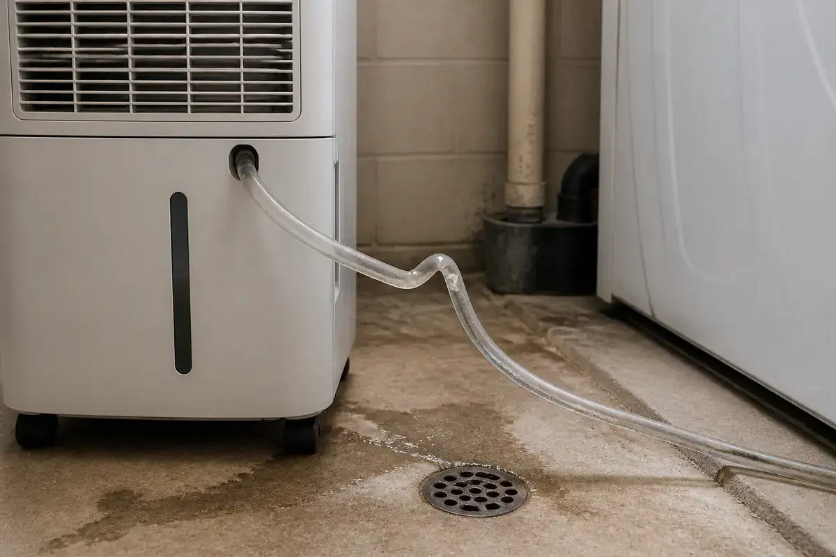 Portable dehumidifier drain hose with a kink and low sag that can stop continuous draining