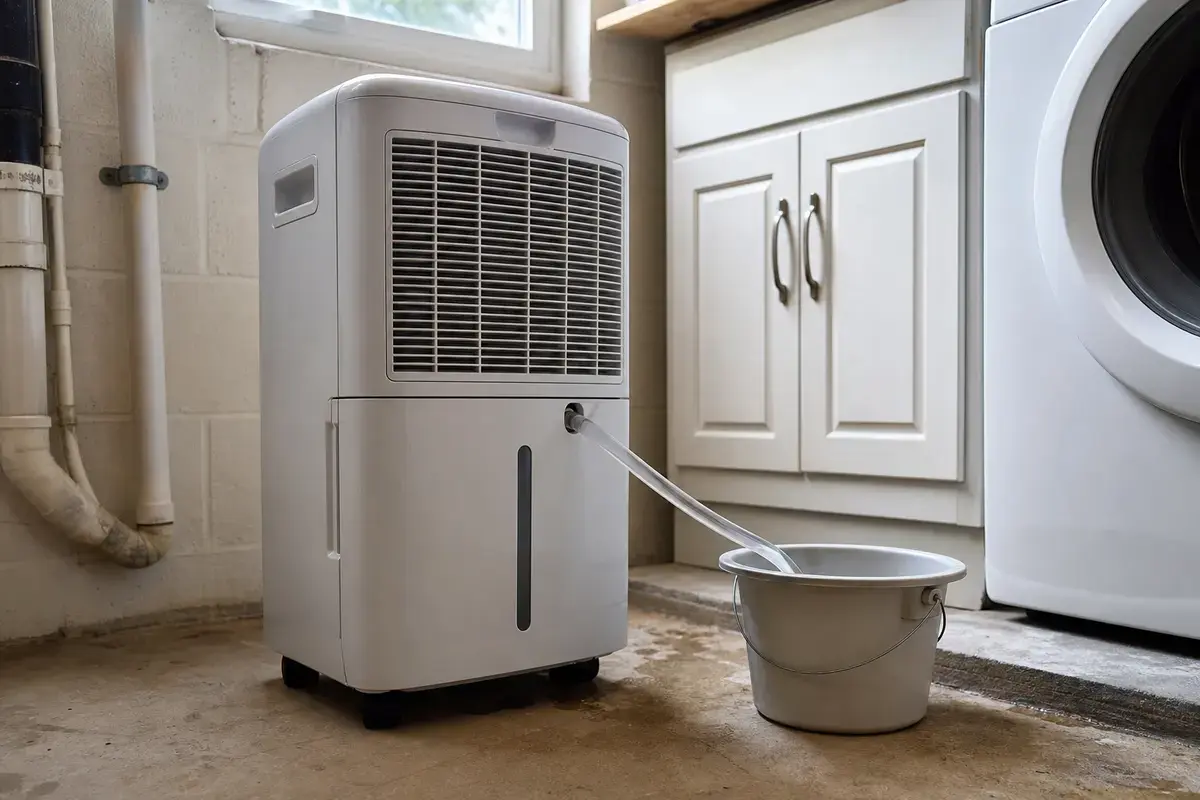 Portable dehumidifier draining through a short hose into a bucket during a drain test