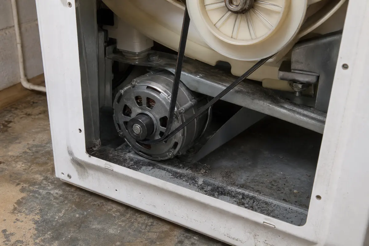 Washer belt and pulley area checked for rubber dust and glazing after burning smell