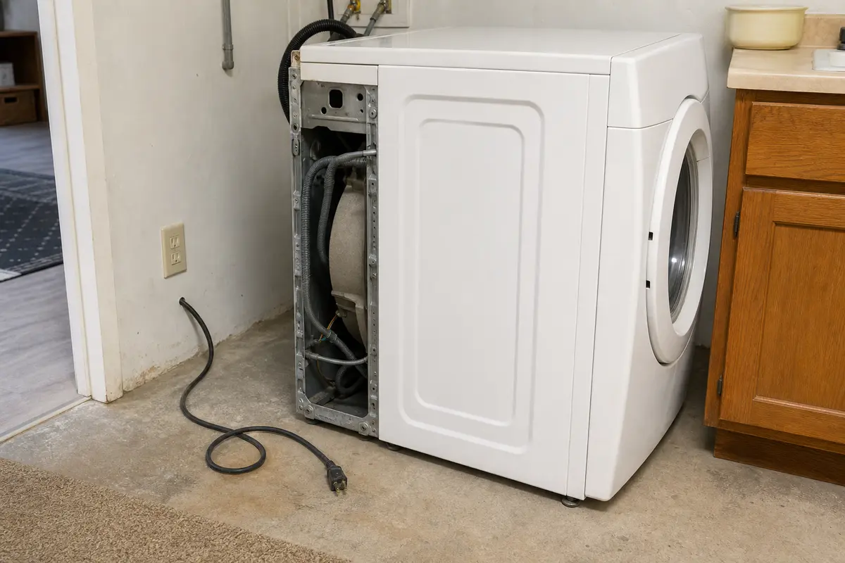 Front-load washer pulled forward for a safe burning smell inspection
