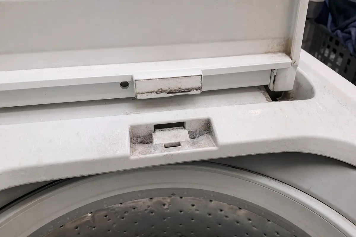 Washer lid lock and strike area with detergent residue near the latch