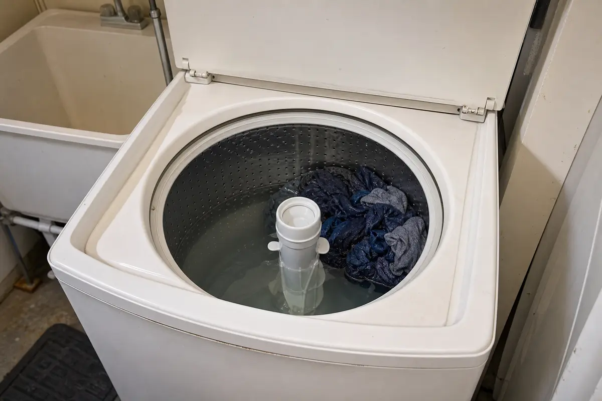 Top-load washer with wet clothes bunched to one side and water still visible in the basket