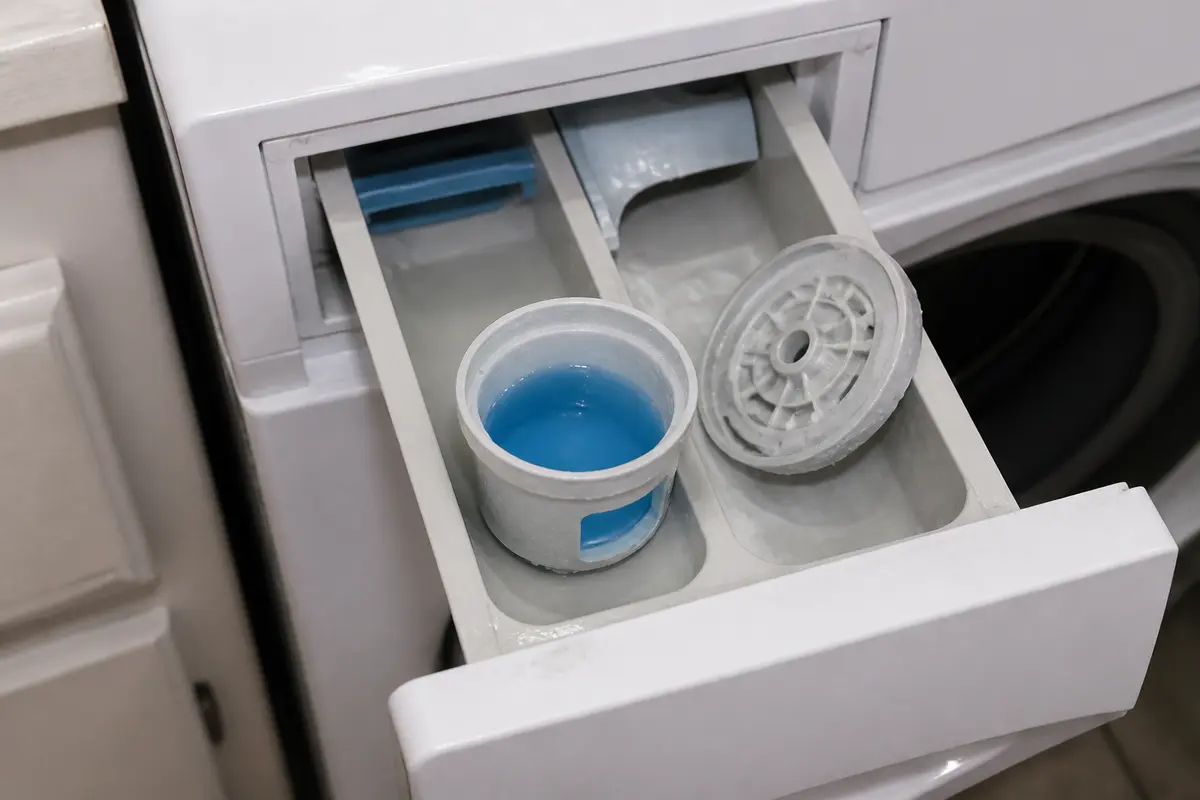 Washer softener compartment still holding blue liquid with the cap sitting out of place