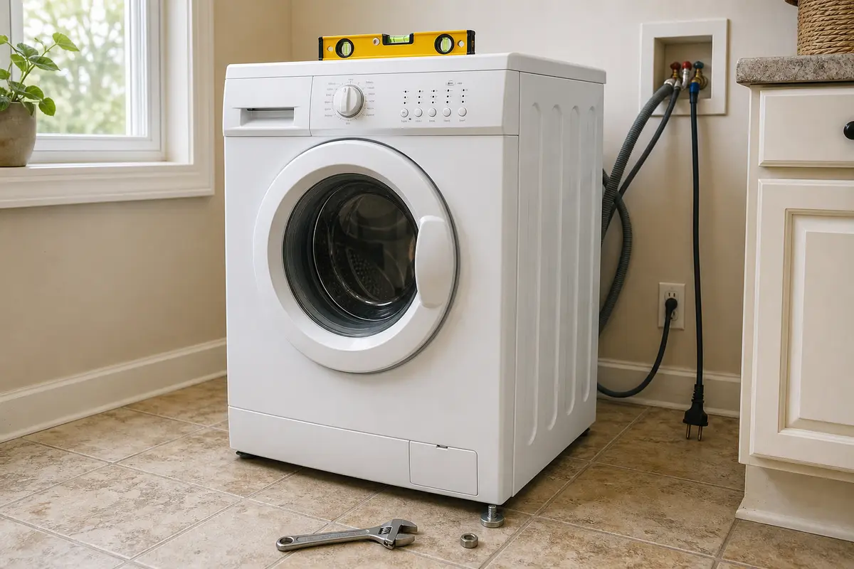 Bubble level across a front-load washer while an adjustable front foot is checked for firm floor contact