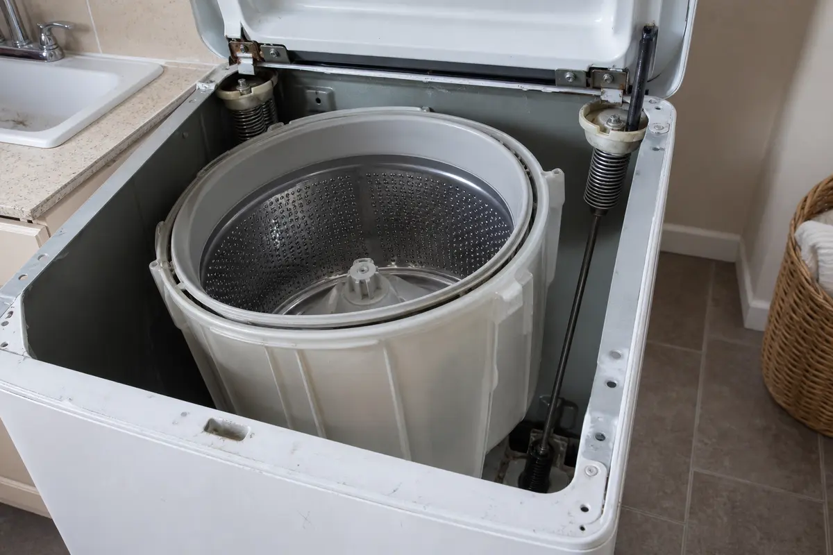 Top-load washer basket sitting off-center with a visible suspension rod and corner support point