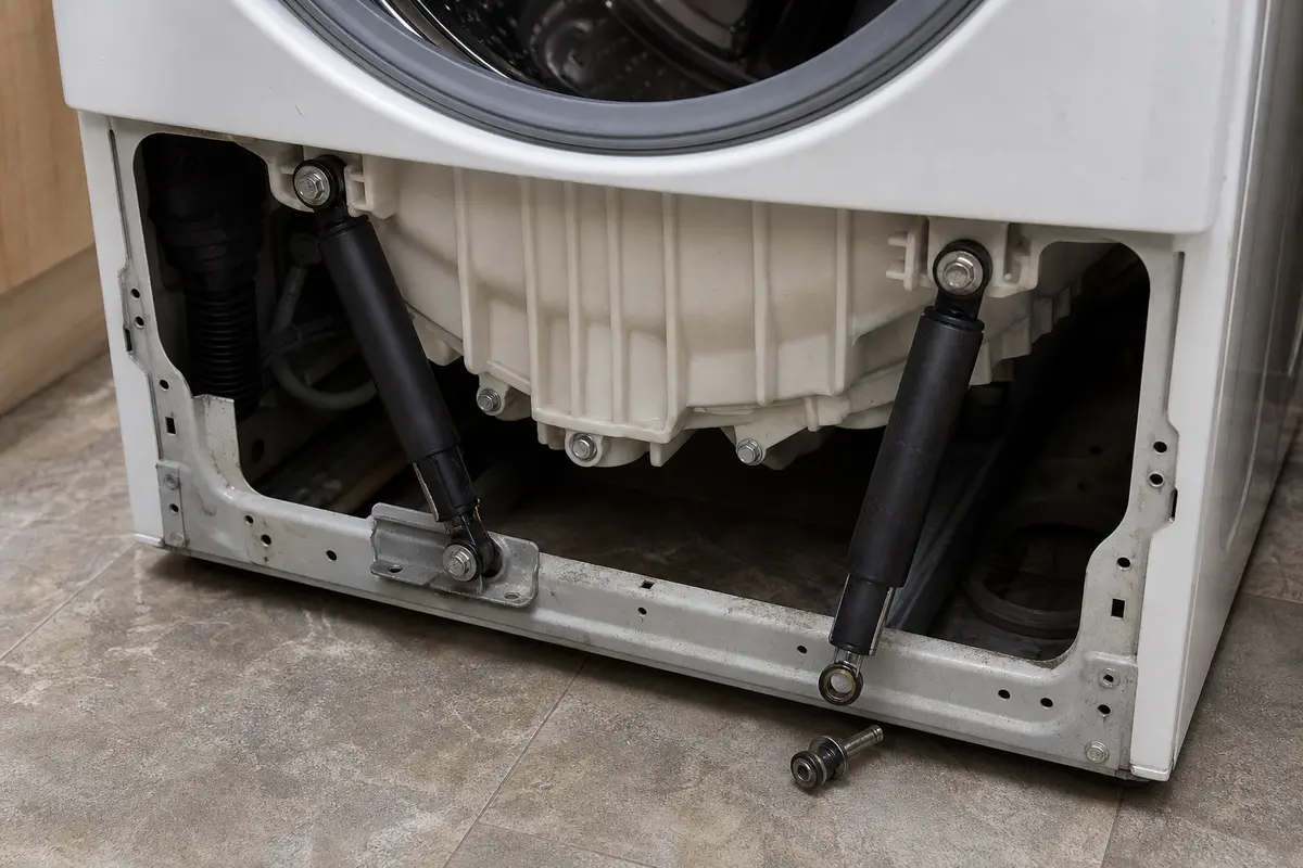 Front-load washer lower access area showing two shock absorbers supporting the outer tub