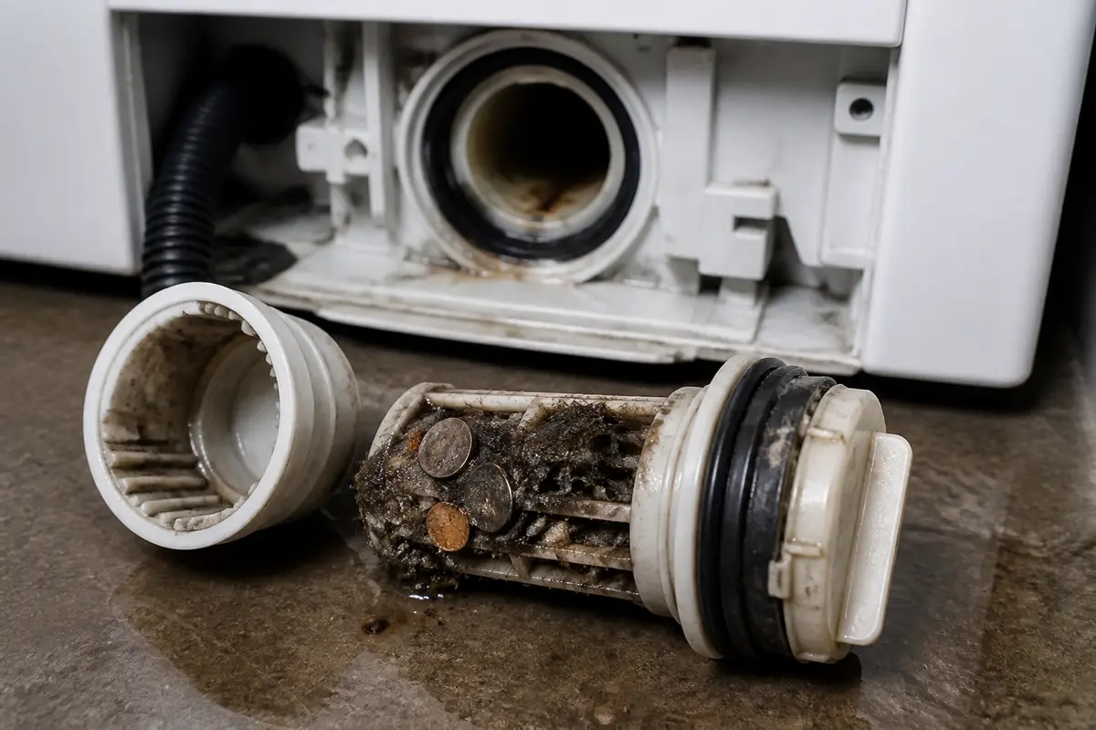 Washer pump filter removed with lint and small debris blocking the cleanout area