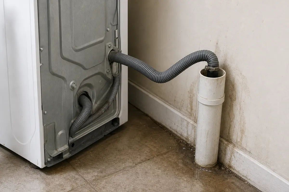 Washer drain hose routed to a laundry standpipe behind the machine