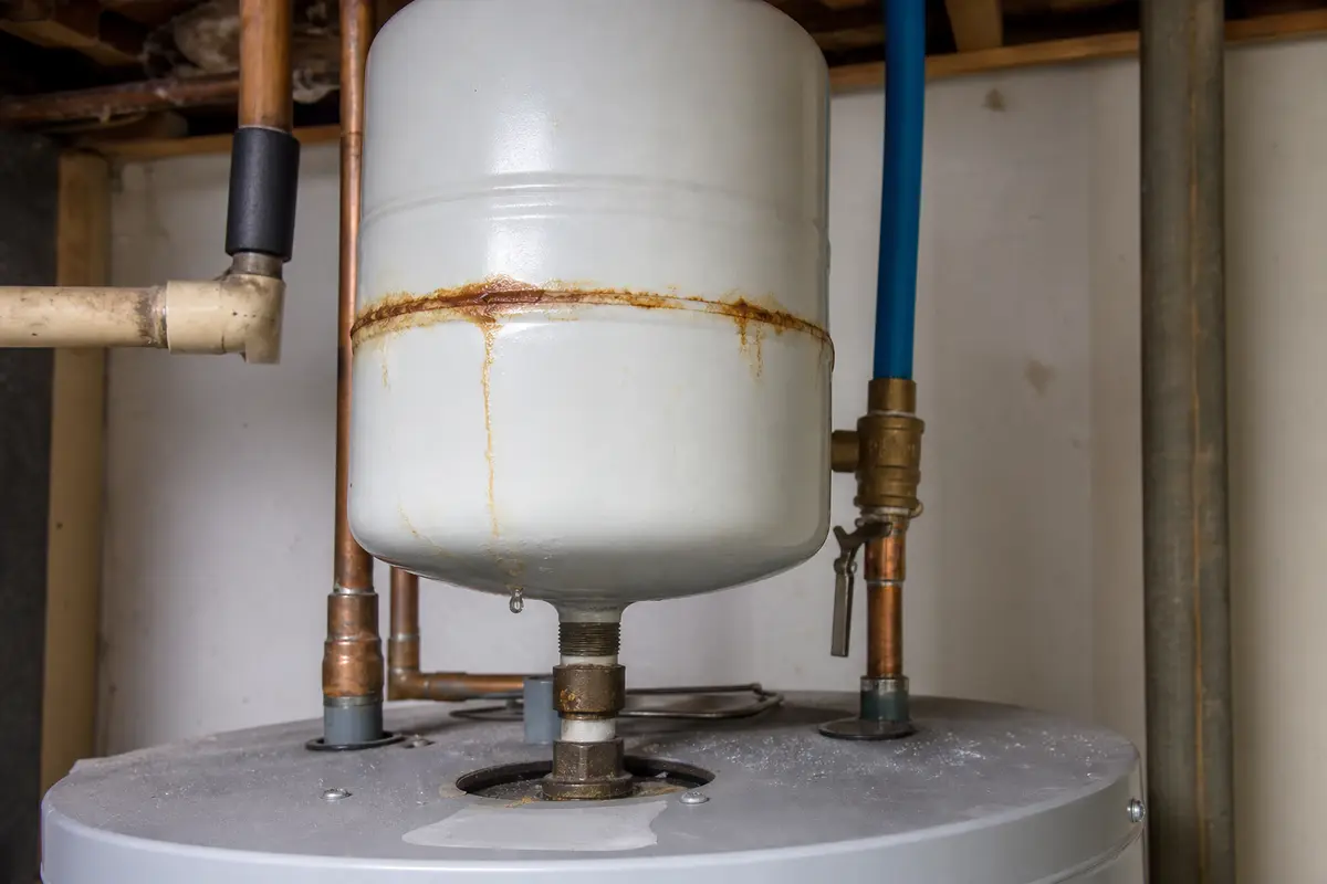 Water heater expansion tank seam with rust staining and a drip below the tank body