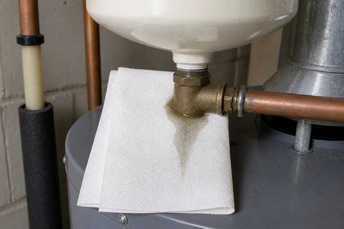 Water heater expansion tank threaded connection with a paper towel tracing a small drip