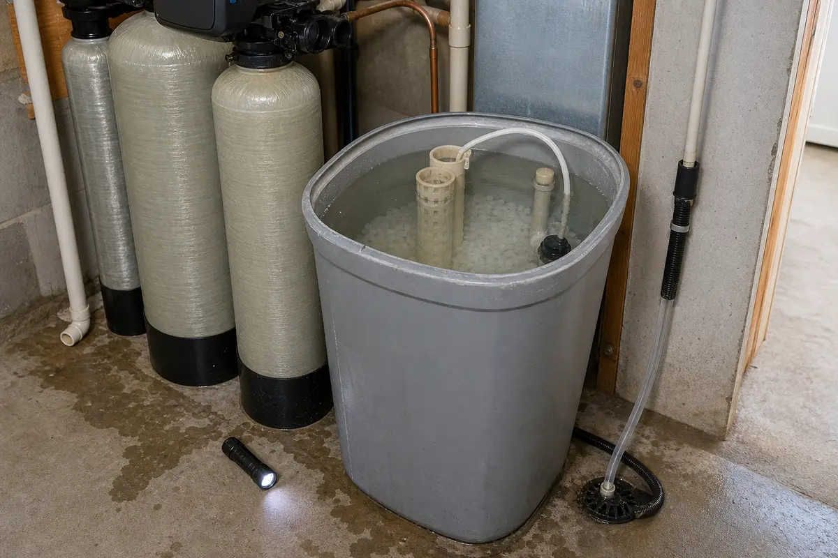 Water softener brine tank filled high with water and salt pellets in a utility room