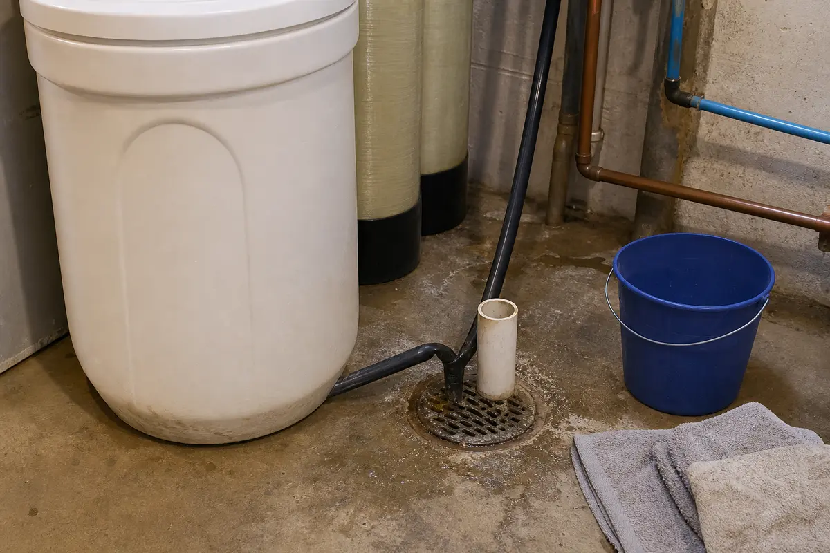 Kinked water softener drain line near a floor drain with towels and bucket nearby