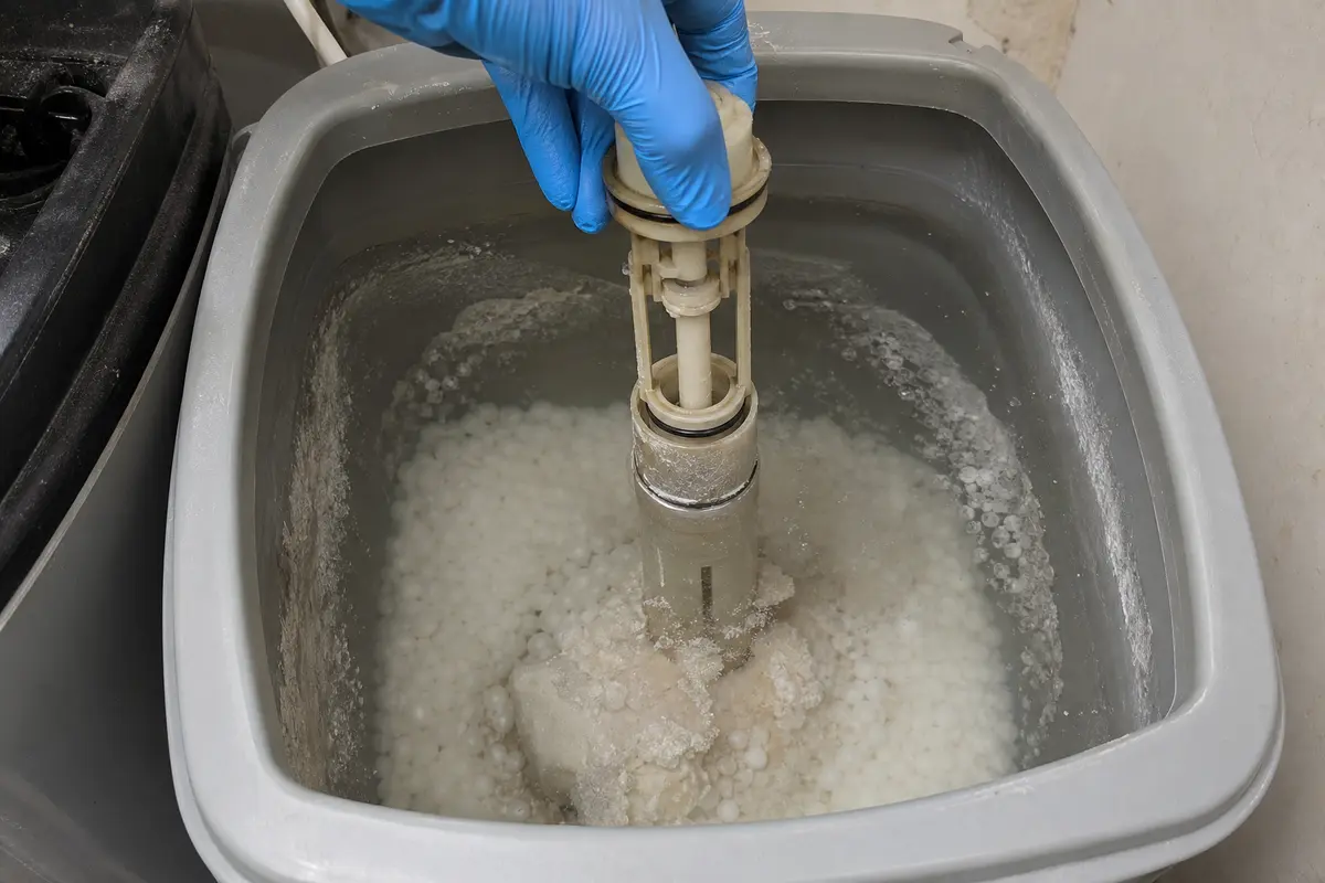 Brine tank float assembly lifted from high water and salt mush