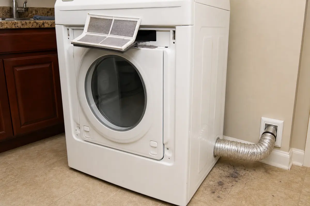 Whirlpool style dryer pulled forward with lint screen and vent hose ready for airflow checks