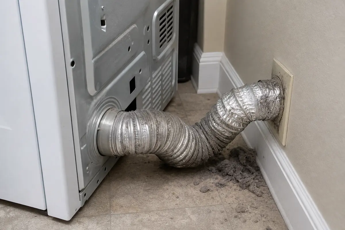 Kinked dryer vent hose behind dryer causing restricted exhaust airflow