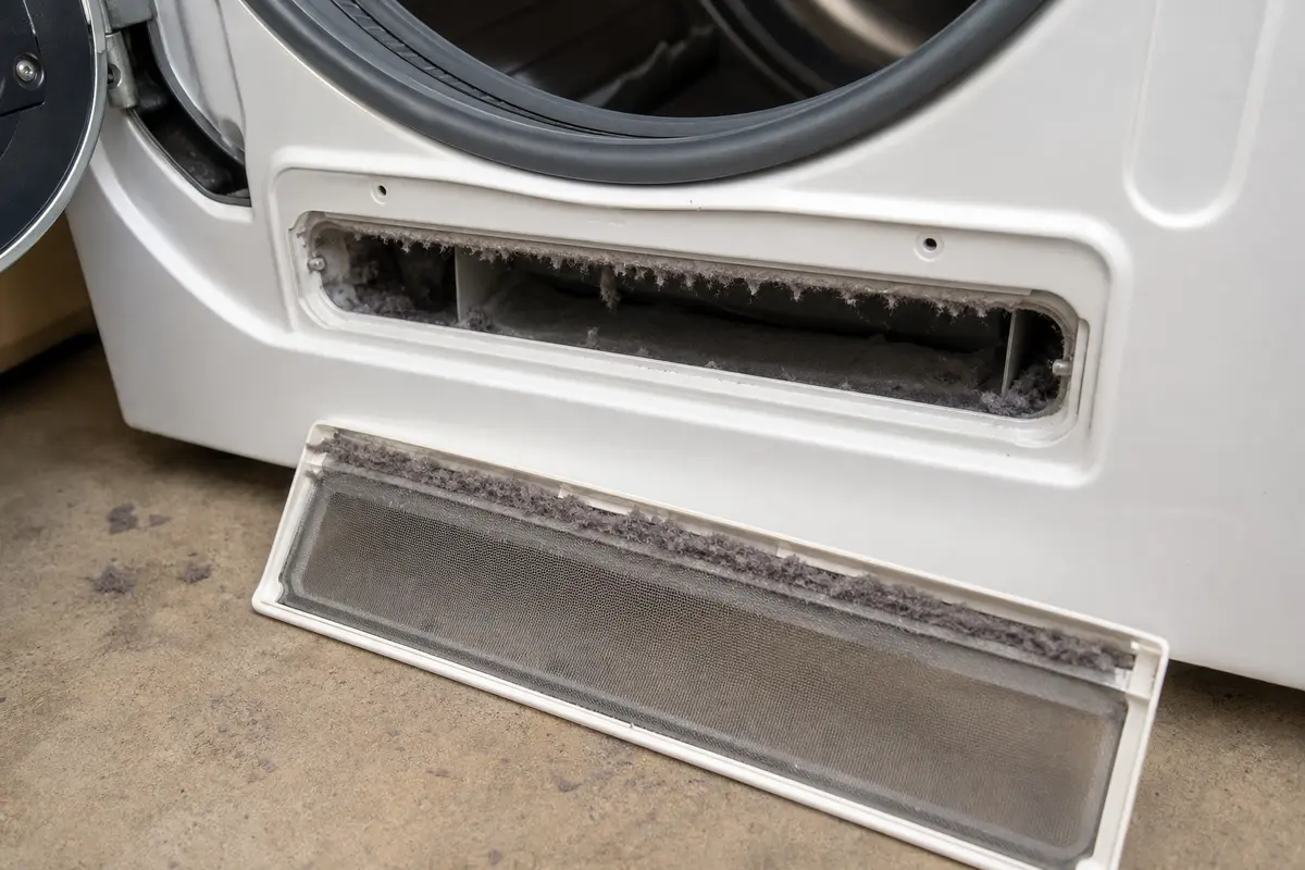 Dryer lint screen housing packed with lint during check vent light troubleshooting