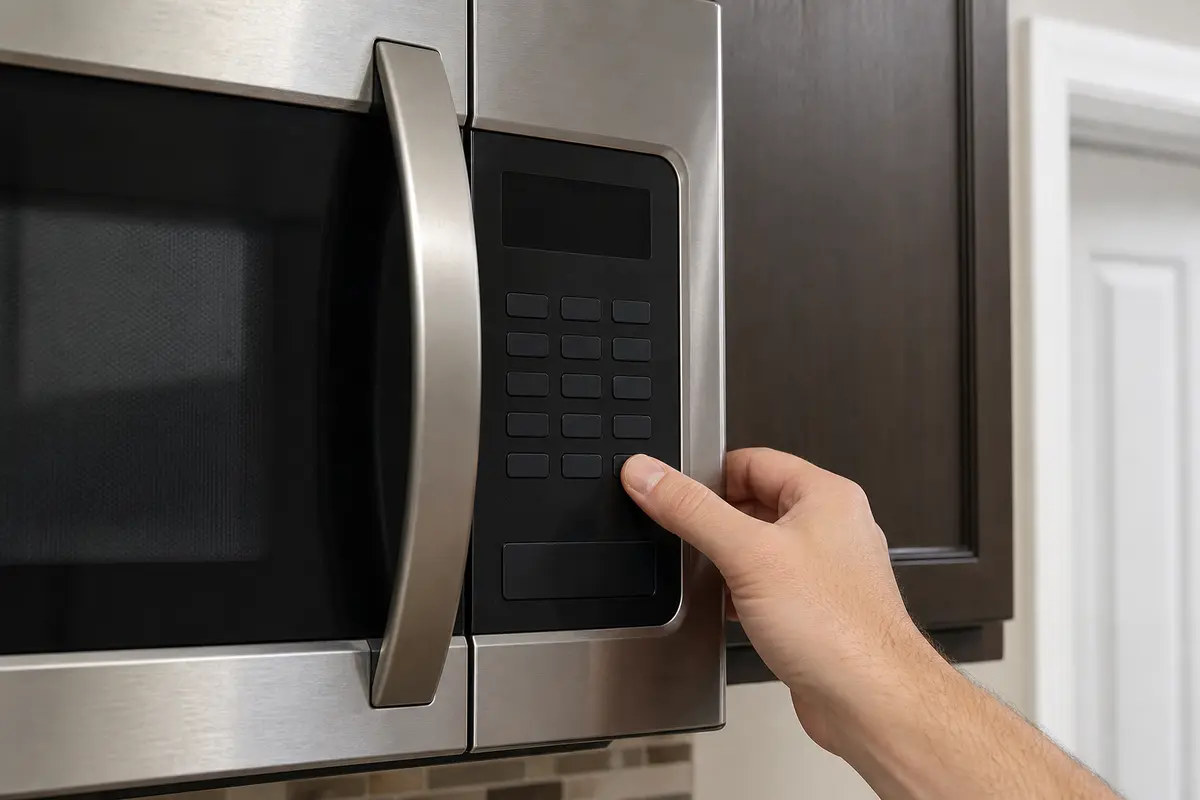 Microwave control panel with dark display while a control button is held for reset check