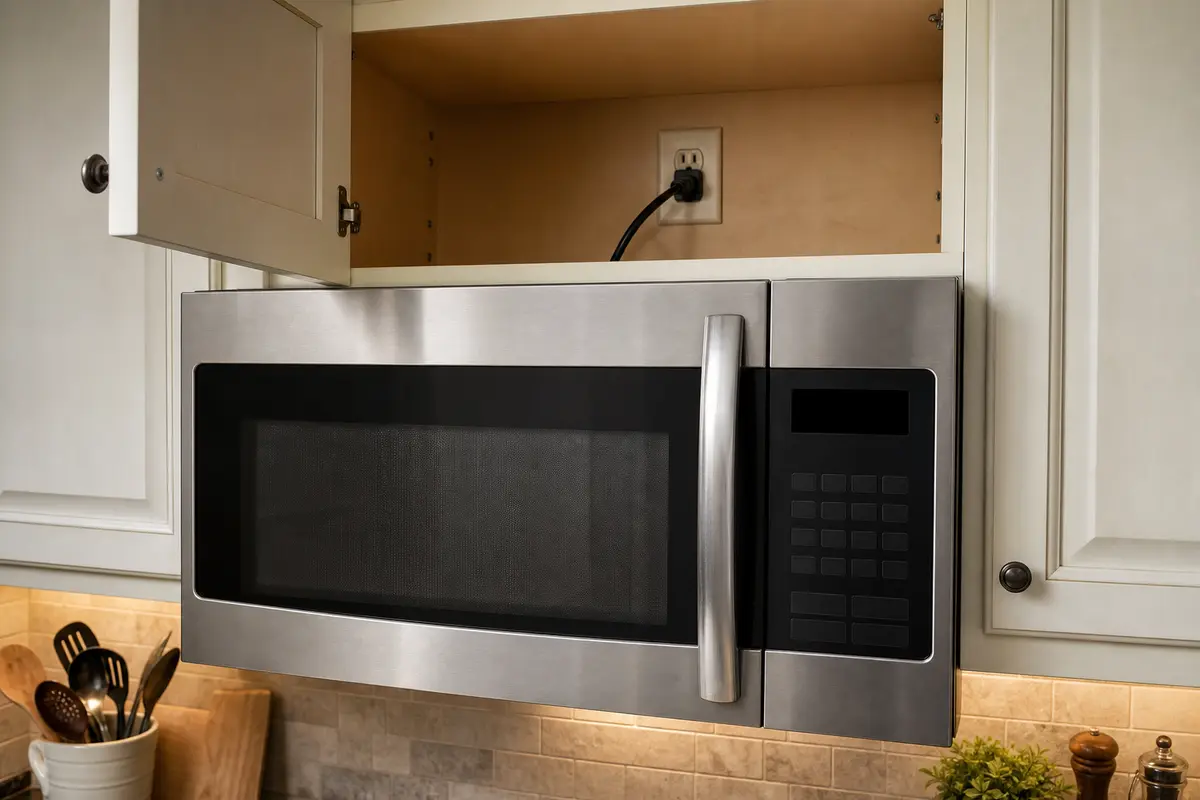 Whirlpool-style microwave with dark display beside cabinet outlet and plug-in power check