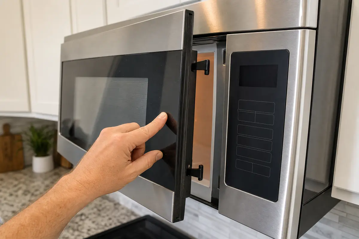 Microwave door latch hooks and dark control display checked without removing the cabinet cover