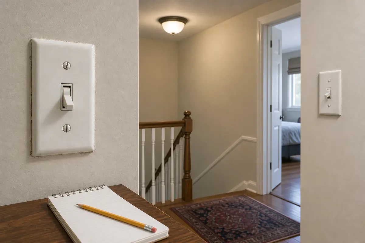3-way switch troubleshooting scene with a wall switch and homeowner diagnostic notes